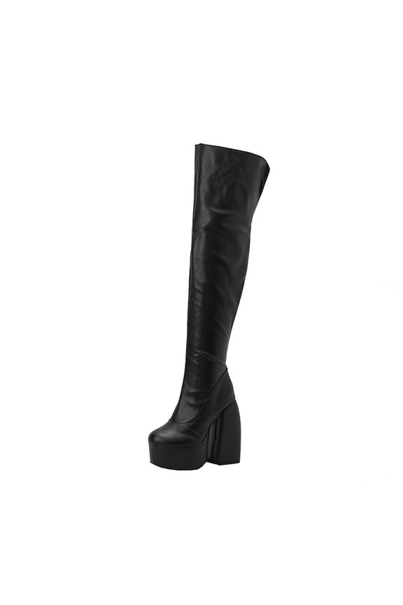 Hvyesh Thigh High Boots for Womens Over The Knee Patform Chunky Heel Stretch Long Fall Y2K Gogo Boots Fashion Square Toe Boots Low Block Heel Booties