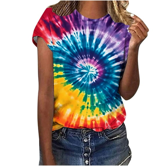 Hvyesh Tie Dye T Shirts for Women Rainbow Shirts Funny Short Sleeve Tops Casual Going Out Blouses Tee