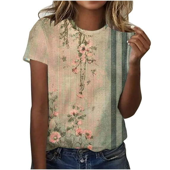 Hvyesh Tops for Women Short Sleeve Tshirt Dressy Floral Print Casual Tunic Shirt Summer Basic Tees