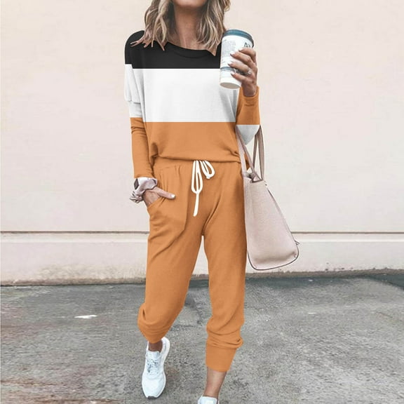 Hvyesh Two Piece Outfits for Women Plus Size,Long Sleeve Crewneck Pullover Tops And Pants Sweatsuits Patchwork Lounge Set with Pockets