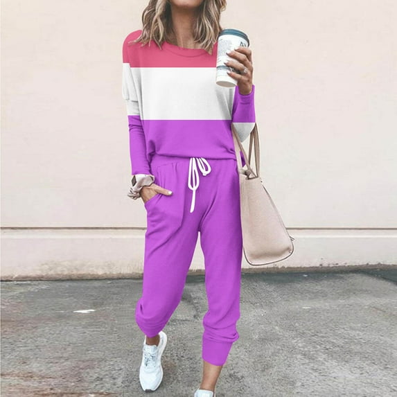 Hvyesh Two Piece Outfits for Women Plus Size,Long Sleeve Crewneck Pullover Tops And Pants Sweatsuits Patchwork Lounge Set with Pockets