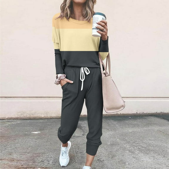Hvyesh Two Piece Outfits for Women Plus Size,Long Sleeve Crewneck Pullover Tops And Pants Sweatsuits Patchwork Lounge Set with Pockets