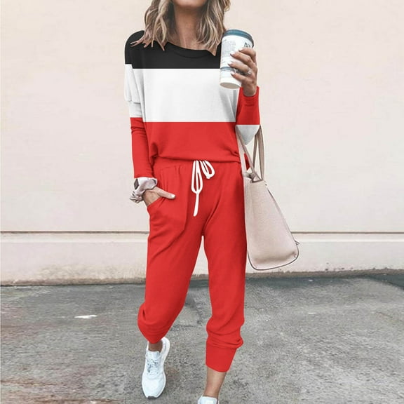 Hvyesh Two Piece Outfits for Women Plus Size,Long Sleeve Crewneck Pullover Tops And Pants Sweatsuits Patchwork Lounge Set with Pockets