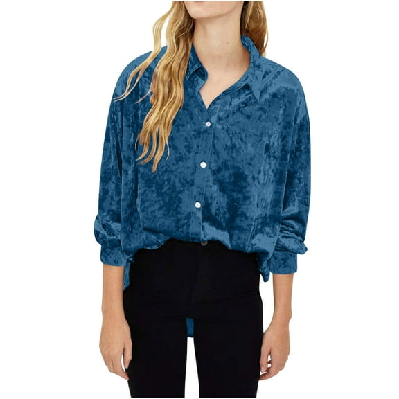 Hvyesh Velour Shirt for Women Button Down Tunic Tops Long Sleeve Velvet Shirt Dressy Work Shirt Blouse