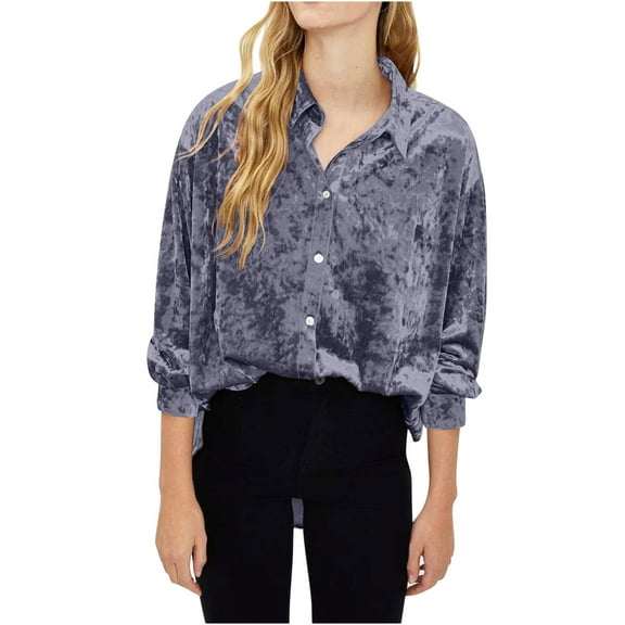 Hvyesh Velour Shirt for Women Button Down Tunic Tops Long Sleeve Velvet Shirt Dressy Work Shirt Blouse