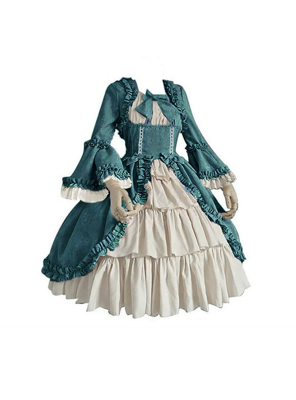 Hvyesh Victorian Dress Renaissance Costume Women Medieval Vintage Ball Gown Trumpet Sleeve Layered Ruffle Hem Dress