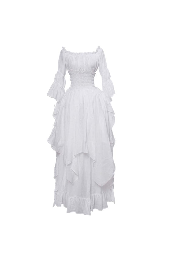 Victorian Dress, Renaissance Costume Women Off Shoulder Long Bell Sleeve High Low Dress Medieval Dresses Peasant Gothic Fairy Witch Dress