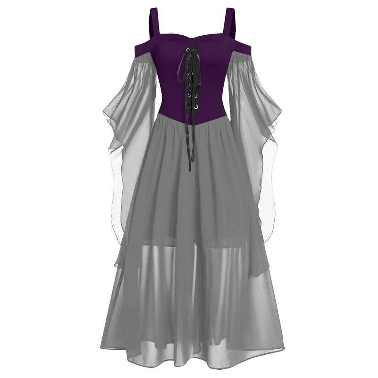 Hvyesh Victorian Dress for Women Casual Halter Colder Shoulder Renaissance Dress Trendy Butterfly Sleeve Patchwork Court Costumes Trendy Medieval