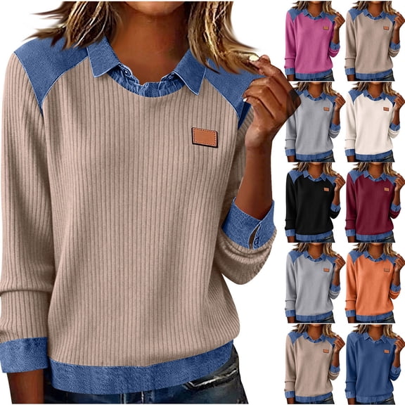 Hvyesh Waffle Knit Tops with Denim Collar for Women Long Sleeve Casual Tshirt Trendy Jean Patchwork Pullover Sweatshirt