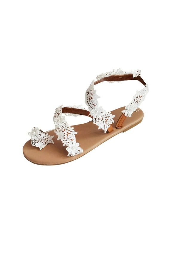 Wedding Flat Sandals Dress , White Lace Sandals, Beach Sandals, White Dress Sandals Clip Toe Casual Lace Floral Beach Flip Flop,Summer Elegant Toe Ring Roman Sandals Comfy Dress