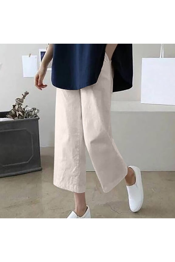 Wide Leg Linen Pants Women Casual Capri Pants Cropped Elastic High Waisted Dress Pants Summer Work Pants with Pockets