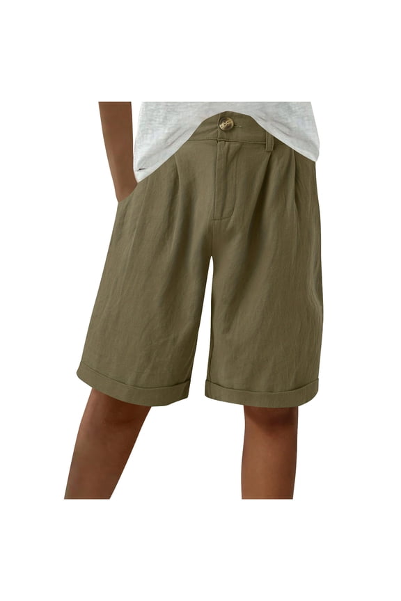 Wide Leg Linen Shorts for Women Elastic High Waisted Pleated Dress Pants Casual Loose Bermuda Shorts