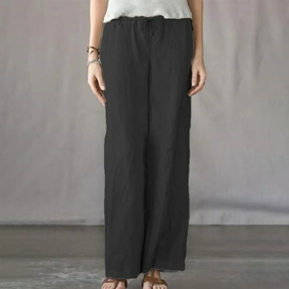 Hvyesh Wide Leg Pants for Women Plus Size Cotton Linen Pant Casual Loose Elastic High Waisted Joggers Pants with Pockets