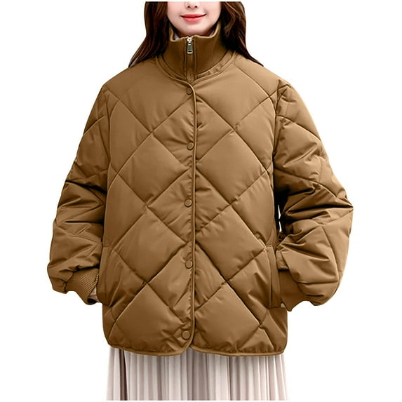 Hvyesh Winter Coats for Women Trendy Stand Collar Long Sleeve Puffer Jacket Casual Zip Up Padded Coat with Pockets
