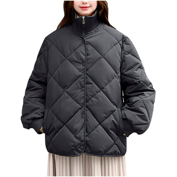 Hvyesh Winter Coats for Women Trendy Stand Collar Long Sleeve Puffer Jacket Casual Zip Up Padded Coat with Pockets