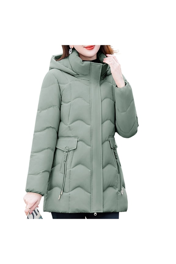 Winter Coats for Women Warm Hooded Mid Length Puffer Jacket Thicken Quilted Parka Long Sleeve Zipper Padded Coat Outwear With Hood
