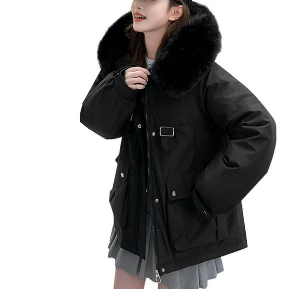 Hvyesh Winter Coats for Women Warm Zip Up Jackets Hooded Parka Outerwear with Faux Fur Hooded Black XL