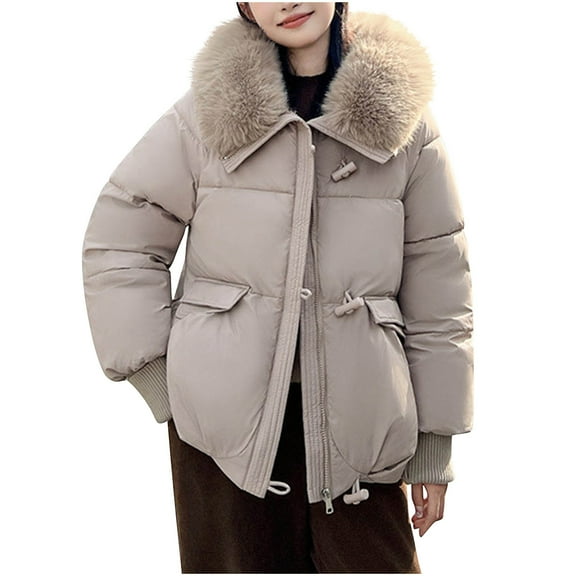Hvyesh Winter Jackets for Women Faux Fur Trim Hood Puffer Jackets Warm Zipper Button Padded Coats Thermal Long Sleeve Baggy Coat with Pockets