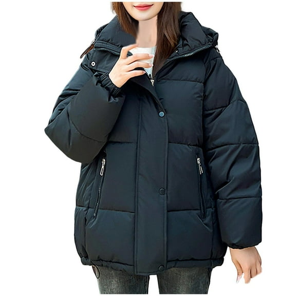 Hvyesh Winter Puffer Jacket Women Warm Quilted Puffer Coat Casual Long Sleeve Padded Jackets with Hooded Black L