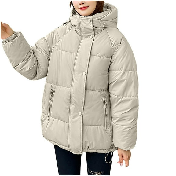 Hvyesh Winter Puffer Jacket Women Warm Quilted Puffer Coat Casual Long Sleeve Padded Jackets with Hooded White L