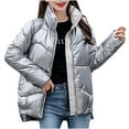 thumbnail image 1 of Hvyesh Winter Shiny Puffer Jacket for Women Zipper Stand Collar Padded Jackets Warm Long Sleeve Coats Outwear Loose Windproof Puffer Coats, 1 of 7