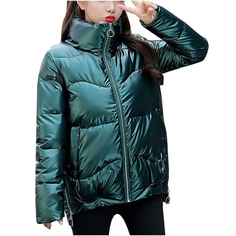 Hvyesh Winter Shiny Puffer Jacket for Women Zipper Stand