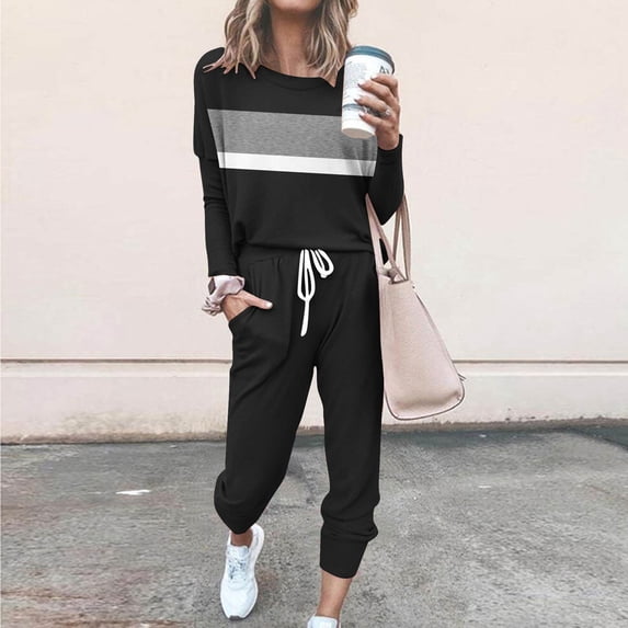 Hvyesh Women 2 Piece Outfits Color Block Pajams Sets Spring Lounge Matching Sets Long Sleeve Pullover Tops Long Pants Tracksuits