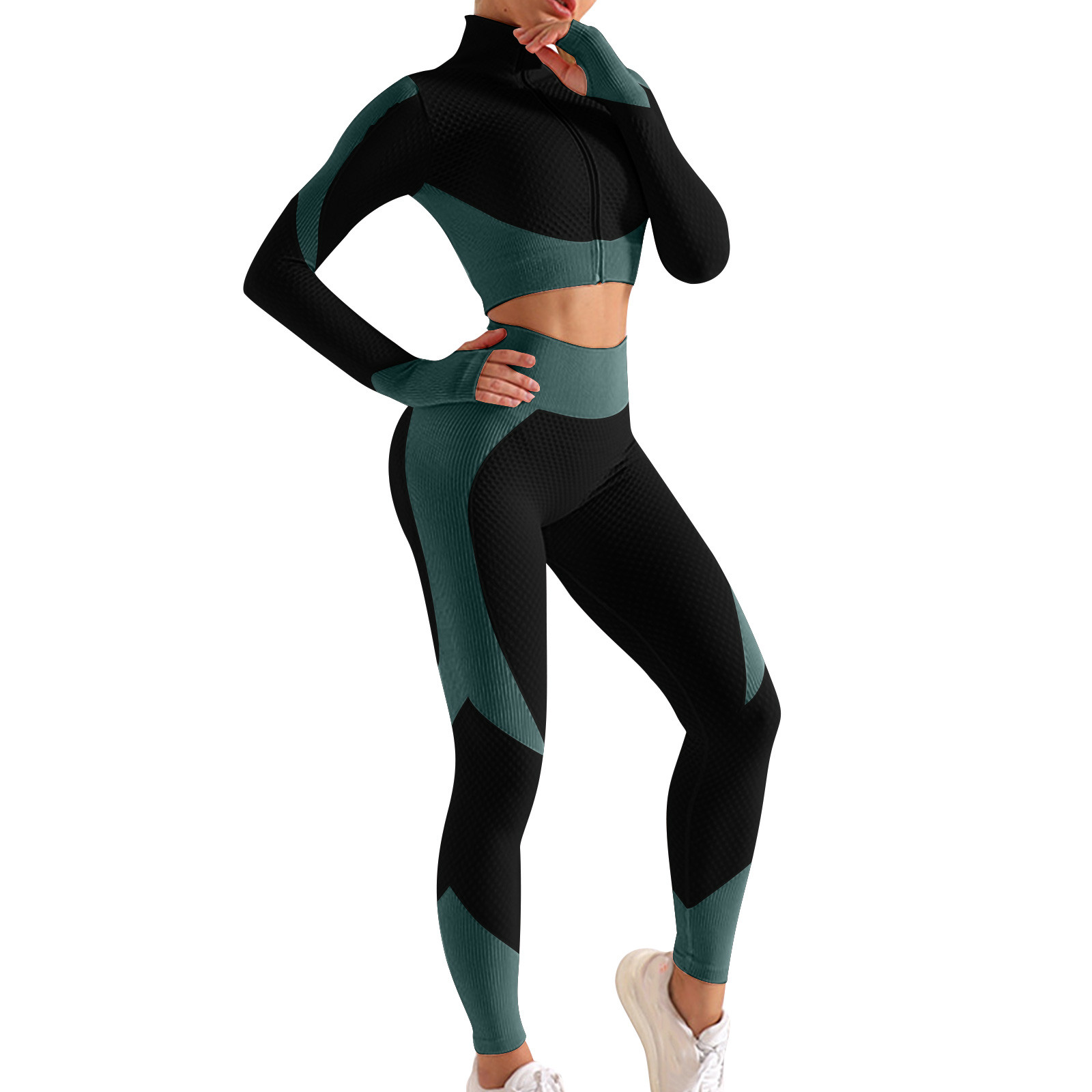 Hvyesh Women 2 Piece Workout Sets Bodycon Tracksuit Hidden Scrunch Butt Lifting Seamless Leggings Long Sleeve Yoga Crop Tops