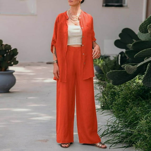 Hvyesh Women 2025 Linen Sets Summer Plus Size Two Piece Linen Set loose Long Sleeve Button Down Shirt + Wide Leg Pants Outfit Lightweight Loungwear