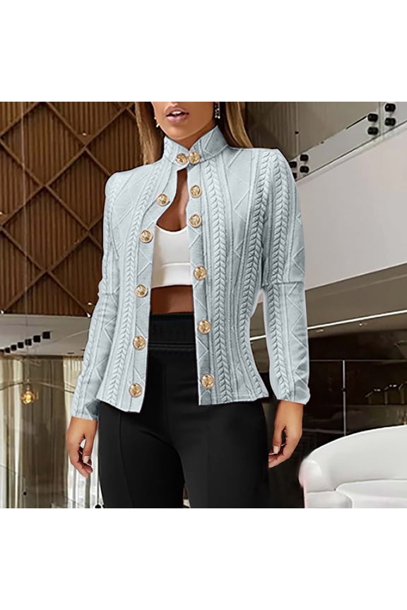Women Argyle Cable Cardigan Casual Lightweight Cropped Coat Stand Collar Long Sleeve Metal Button Front Fall Jackets Gray