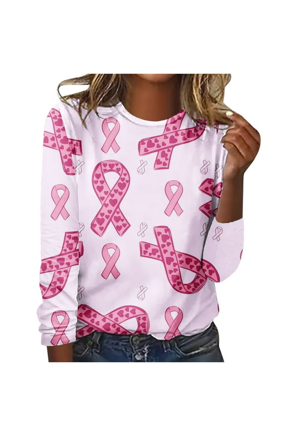 Women Breast Cancer Sweatshirt Pink Ribbon Long Sleeve Survivor Awareness Sweatshirts Crew Neck Gifts Faith Over Fear Cancer T-Shirt