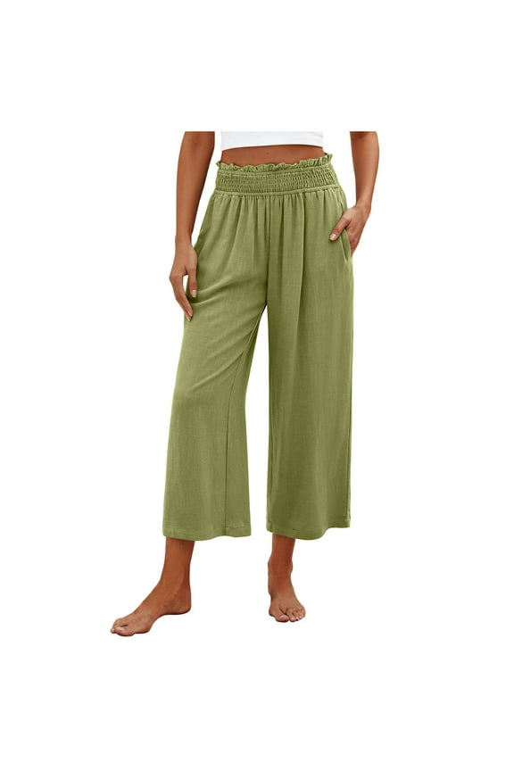 Women Capri Pants High Waisted Wide Leg Palazzo Trousers Pull On Elastic Smock Waist Loose Wide Leg Pants