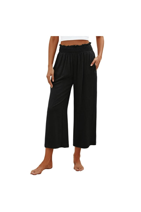 Women Capri Pants High Waisted Wide Leg Palazzo Trousers Pull On Elastic Smock Waist Loose Wide Leg Pants