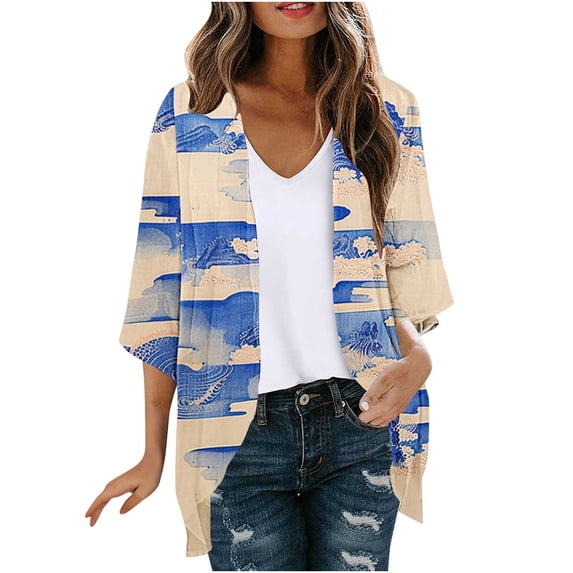 Hvyesh Women Cardigan 3/4 Sleeves Open Front Lightweight Cardigan Dressy Floral Print Draped Ruffles Cardigan