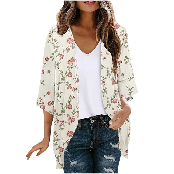 Hvyesh Women Cardigan 3/4 Sleeves Open Front Lightweight Cardigan Dressy Floral Print Draped Ruffles Cardigan