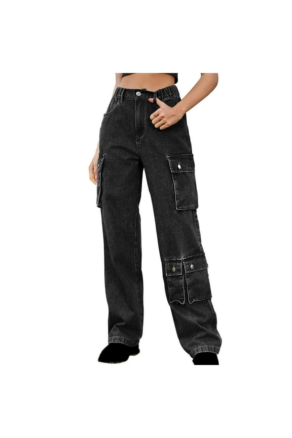 Women Cargo Jeans Vintage High Waist Wide Leg Denim Pants Trendy Flap Pocket Y2K Trouser Fashion Design Sense Long Pants Dark Gray M