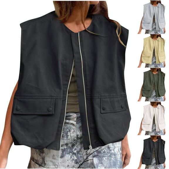 Hvyesh Women Casual Zip Up Vest Cargo Ruched Hem Lightweight Sleeveless Blazer Oversized Jackets Top with Pockets Yellow Vest