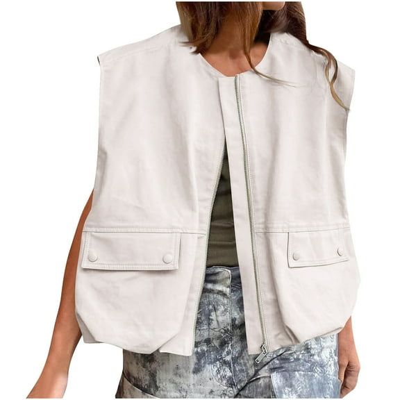 Hvyesh Women Casual Zip Up Vest Cargo Ruched Hem Lightweight Sleeveless Blazer Oversized Jackets Top with Pockets