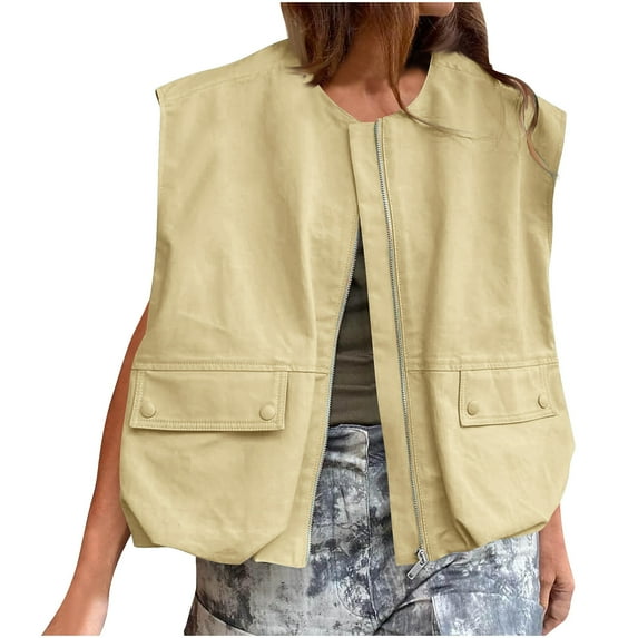 Hvyesh Women Casual Zip Up Vest Cargo Ruched Hem Lightweight Sleeveless Blazer Oversized Jackets Top with Pockets