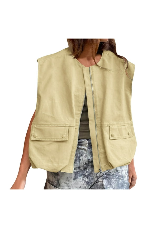 Women Casual Zip Up Vest Cargo Ruched Hem Lightweight Sleeveless Blazer Oversized Jackets Top with Pockets