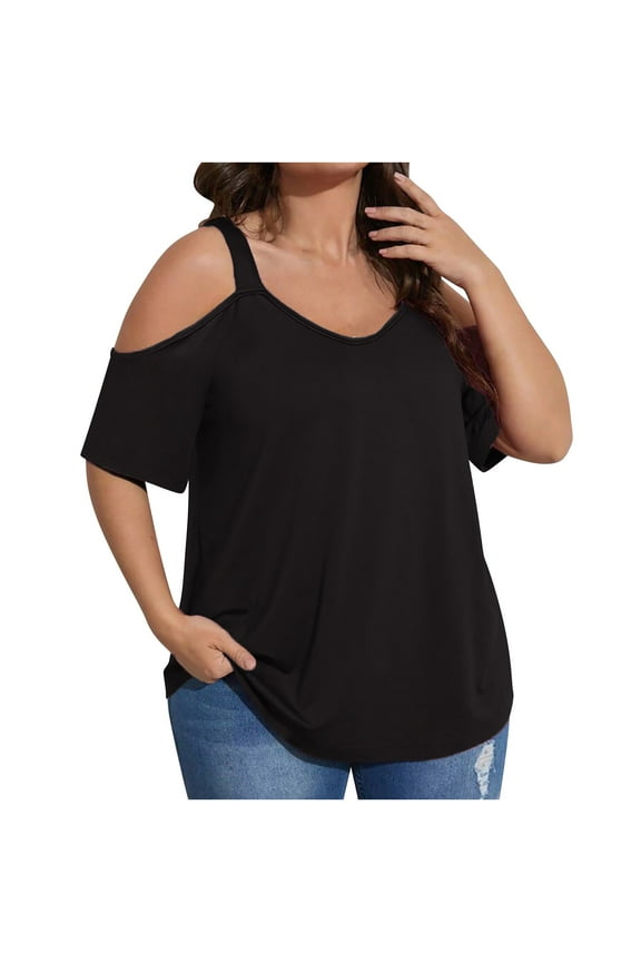 Women Cold Shoulder Tops Dressy V Neck Tunic Shirt Plus-Size Summer Short Sleeve Blouse Tee