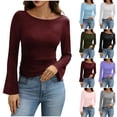 thumbnail image 1 of Hvyesh Women Crew Neck Bell Sleeve Tops Casual Fitted Tee Shirts Solid Color Going Out T Shirts Trendy Streetwear Tee, 1 of 8