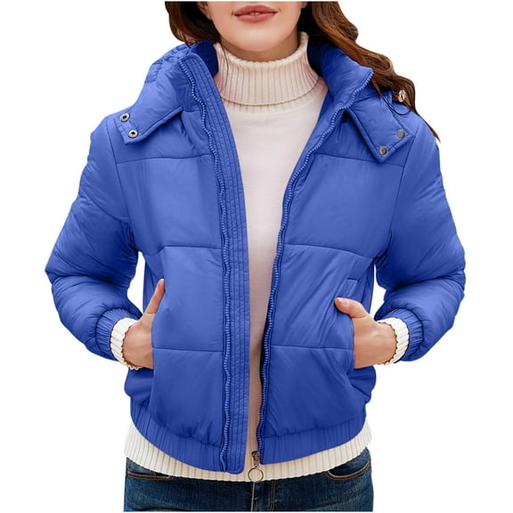 Hvyesh Women Cropped Puffer Coat Cozy Zip Up Padded Coat 2025 Warm Hooded Winter Coat Long Sleeved Casual Jacket