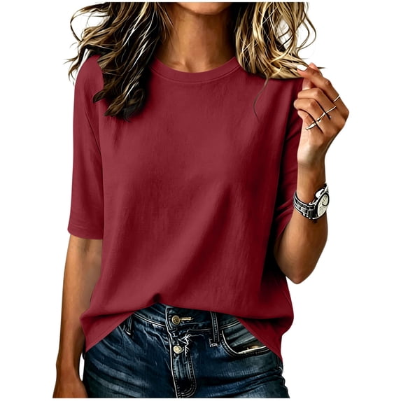 Hvyesh Women Elbow Sleeve Tops Crewneck Shirts Basic Fit Tee Casual Work T-Shirts