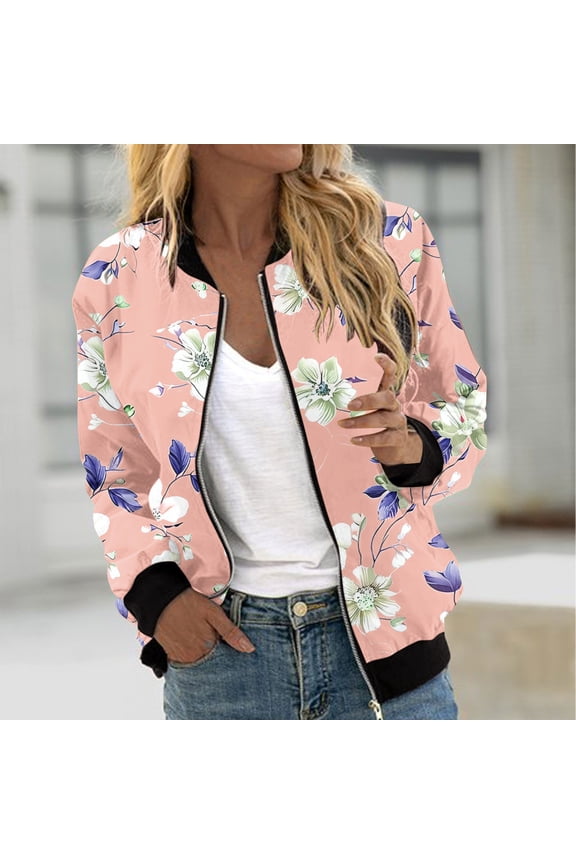 Women Fall Plus Size Jackets Cute Floral Print Zipper Bomber Jackets 2025 Trendy Long Sleeve Moto Biker Coats with Pockets Orange
