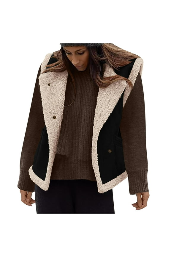Women Faux Suede Leather Vest Crop Fleece Vest 2025 Winter Sherpa Fleece Lined Lapel Coat Reversible Open Front Sleeveless Gilet Jacket