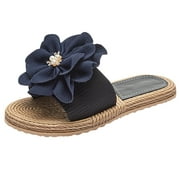 Hvyesh Women Flat Slippers Basic Plain Slippers Slip On Sandals Slides Dressy Navy Blue Flower Pearl Flats Casual Peep Toe Beach 2024 New House Shoes