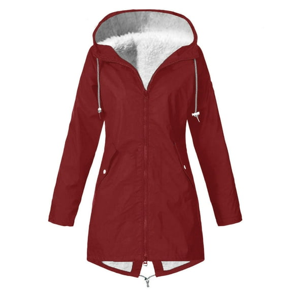 Hvyesh Women Fleece Line Long Hooded Jacket Casual Waterproof Windproof Coat Warm Mountain Windbreaker Hooded Raincoat Jacket Fall Winter Long Sleeve Drawstring Tops