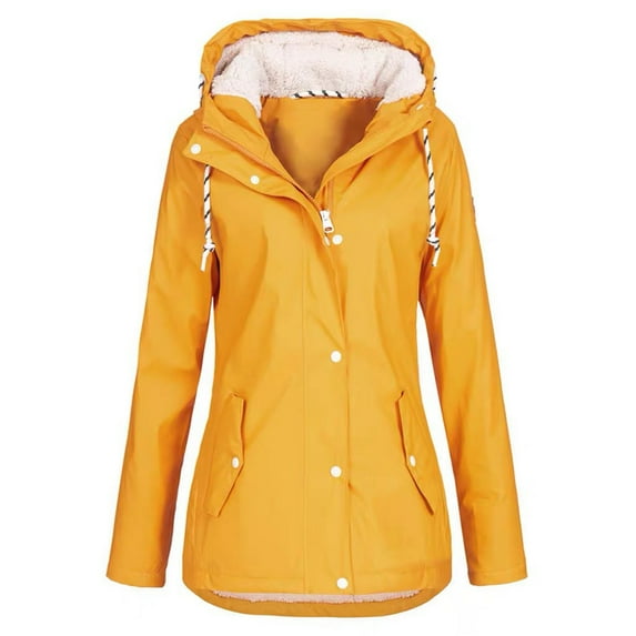 Hvyesh Women Fleece Line Long Hooded Jacket Casual Waterproof Windproof Coat Warm Mountain Windbreaker Hooded Raincoat Jacket Fall Winter Long Sleeve Drawstring Tops