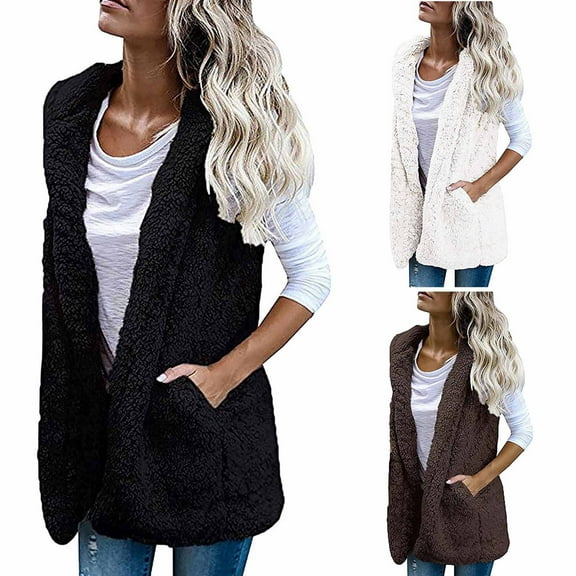 Hvyesh Women Fleece Vest Winter Warm Sherpa Fleece Vest Sleeveless Hood Coats Soft Fuzzy Fleece Sherpa Coat with Pockets White